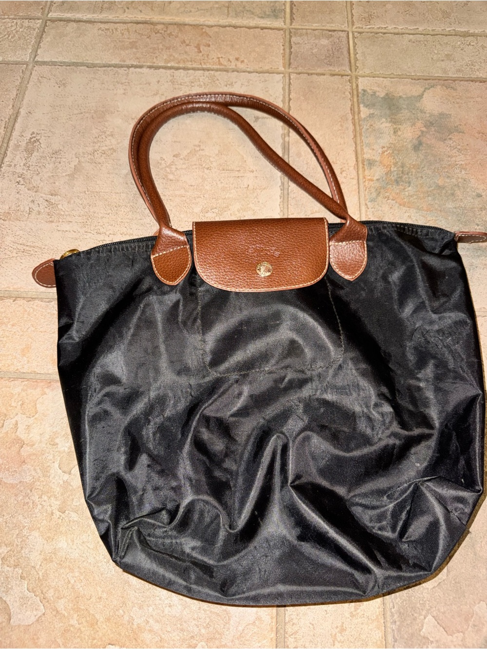 Longchamp Le Pliage Style Black Tote with Brown Trim and mini cosmetics bag